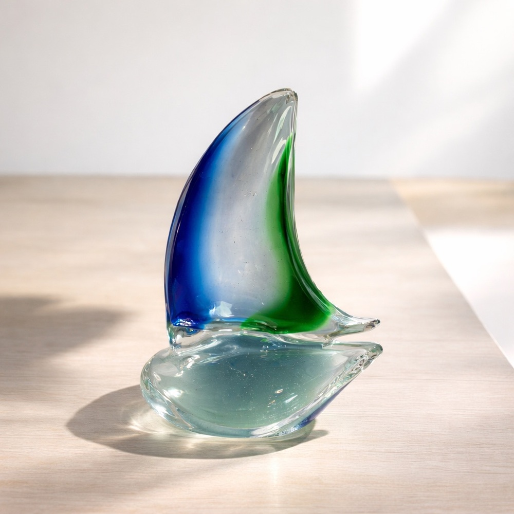 Murano Style Art Glass Sailboat Blue Green Hand Blown Coastal Nautical Decor 8" - Picture 6 of 7